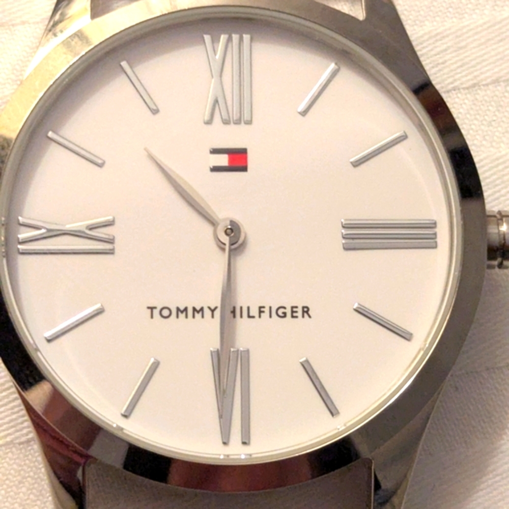 Tommy Hilfiger Silver and White Watch with Roman Numerals